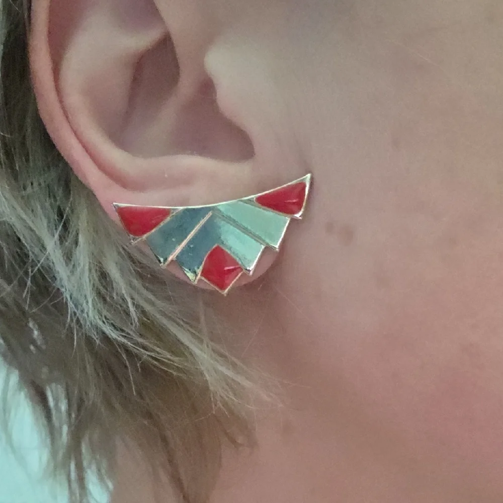 Rare Vintage Set 80s Gold-Tone & Red Enamel Geometric Earrings & Necklace - Picture 3 of 11